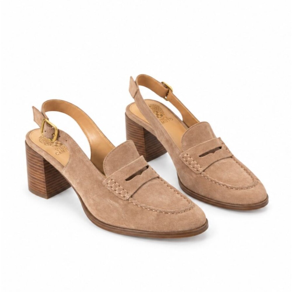 Vince Camuto Tan Suede Loafer Slingback Heels Women 10 Block Heel Preppy